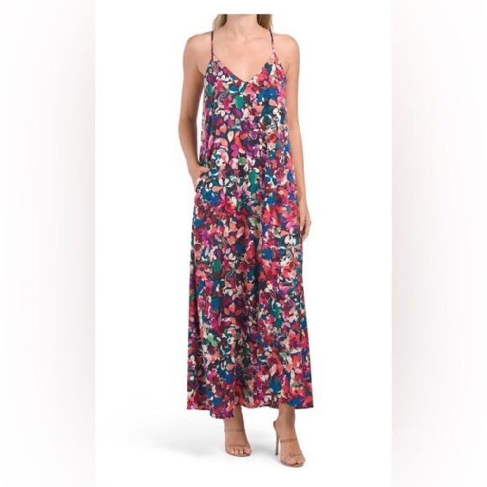 Tahari Sleeveless Floral V-Neck Maxi Dress Navy XS